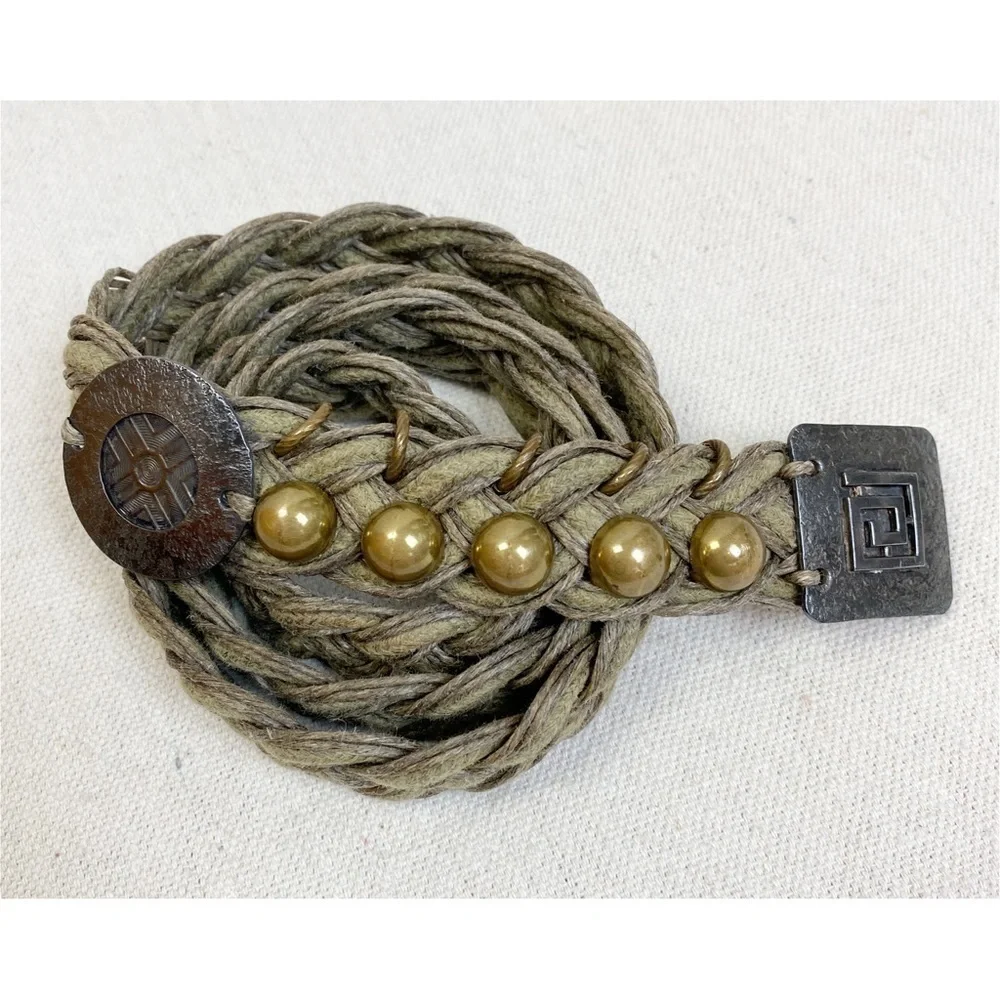 Marjorie Baer SF Green Woven Brass Stud Braided Belt OS